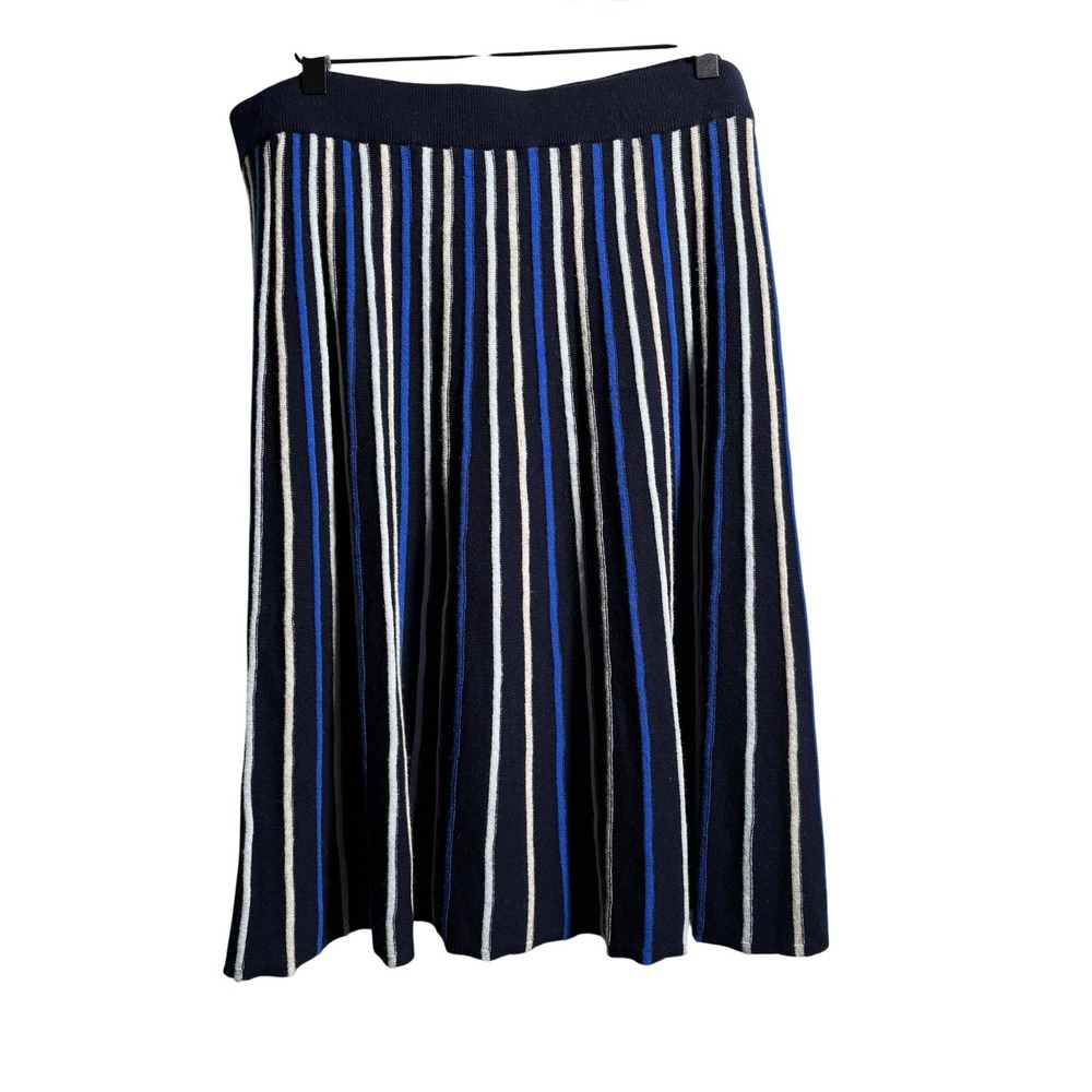 Pure Collection Blue‎ White Striped Wool Cashmere A-Line Skirt Pleated Soft XL